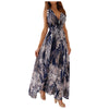 Women'S Summer Long Dress Floral Print Deep V-Neck Halter Strap Long Dress Banquet Wedding Guest Holiday Beach