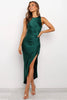 Women Satin Dress Elegant Formal Sleeveless High Slit Green Dress Female Backless Slim Solid Tank Dress Long Dress