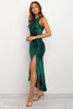 Women Satin Dress Elegant Formal Sleeveless High Slit Green Dress Female Backless Slim Solid Tank Dress Long Dress
