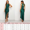 Women Satin Dress Elegant Formal Sleeveless High Slit Green Dress Female Backless Slim Solid Tank Dress Long Dress