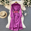 Women Satin Dress Sexy V-neck Three Quarter Sleeve Midi Party Dress French Elegant Belted Front Cross Slit Female Dress Robe