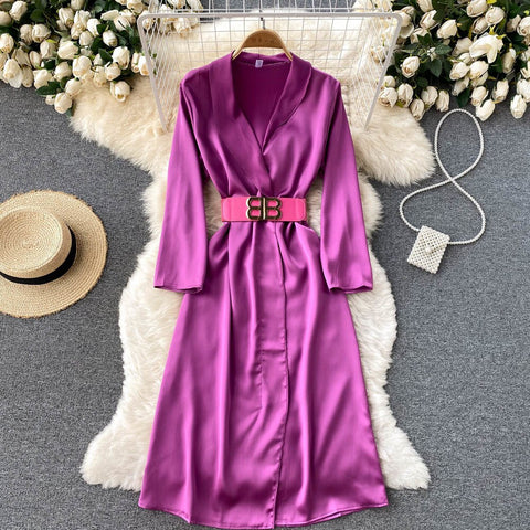 Women Satin Dress Sexy V-neck Three Quarter Sleeve Midi Party Dress French Elegant Belted Front Cross Slit Female Dress Robe