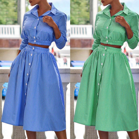 Women Set Single Breasted Striped Full Sleeve Turn-down Collar Crop Tops Loose Midi A-line Skirts Two 2 Piece Sets Fall