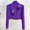 Women Set Skirt Blazer Purple 2023 Autumn Winter Heart Shaped Diamond Button Beaded Bow Short Jacket + Skirt Two Pcs Suit
