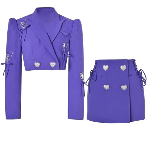 Women Set Skirt Blazer Purple 2023 Autumn Winter Heart Shaped Diamond Button Beaded Bow Short Jacket + Skirt Two Pcs Suit