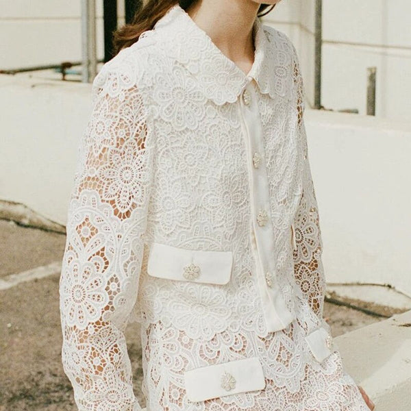 Women Set Water Soluble Flower Lace Embroidery Short Coat + High Waist A-line Skirts