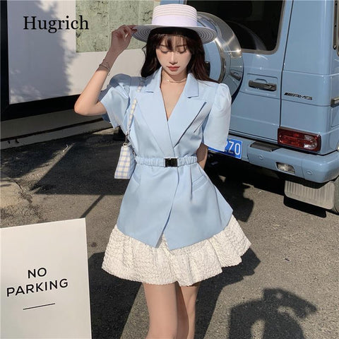 Women Sets Design Korean Style Cute Sashes Blazer High Waist Folds Stylish Mini Holiday Summer Casual Temperament Chic Feminino