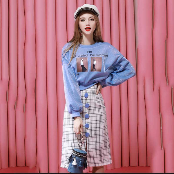 Women Sets Long Batwing Sleeved Loose Short Shinny Sweatshirts Korean Style And Plaid Skirts 2 Piece Outfits Womens Sets NZ112