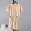 Women Sets Summer TracksuitTwo Pieces Sets Solid Short Sleeved Cotton Shirts Suit Casual Elastic Waist Shorts Outfits Beach Suit