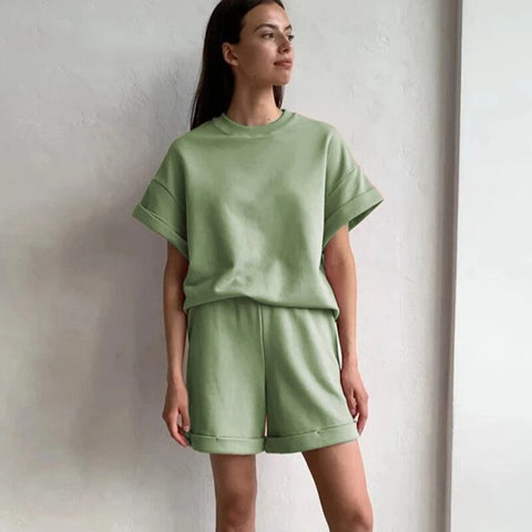 Women Sets Summer TracksuitTwo Pieces Sets Solid Short Sleeved Cotton Shirts Suit Casual Elastic Waist Shorts Outfits Beach Suit