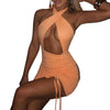 Women Sexy Bandage Halter Cutout Dress Summer Solid Color Hollow Drawstring Tight Slim Club Tank Bodycon Short Dress