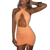 Women Sexy Bandage Halter Cutout Dress Summer Solid Color Hollow Drawstring Tight Slim Club Tank Bodycon Short Dress