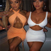 Women Sexy Bandage Halter Cutout Dress Summer Solid Color Hollow Drawstring Tight Slim Club Tank Bodycon Short Dress