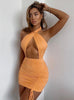 Women Sexy Bandage Halter Cutout Dress Summer Solid Color Hollow Drawstring Tight Slim Club Tank Bodycon Short Dress