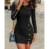 Women Sexy Side Split Dresses Package Hip Slim Button Charm Vestidos O-neck long-sleeved Mini Dress
