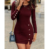 Women Sexy Side Split Dresses Package Hip Slim Button Charm Vestidos O-neck long-sleeved Mini Dress