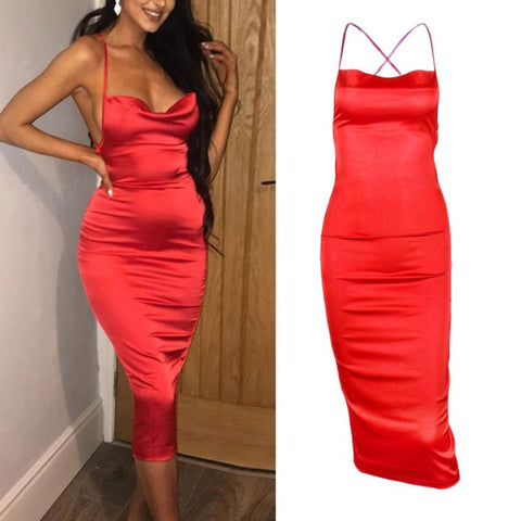 Women Sexy Halter Bodycon Satin Midi Dress Cross Bandage Backless Party Clubwear F3MD