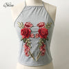 Women Sexy Halter Strap Vest Short Tanks Floral Embroidery Rose Camisole 2022 Fem Strappy Camis Tanks Black Crop Tops Beach