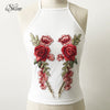 Women Sexy Halter Strap Vest Short Tanks Floral Embroidery Rose Camisole 2022 Fem Strappy Camis Tanks Black Crop Tops Beach