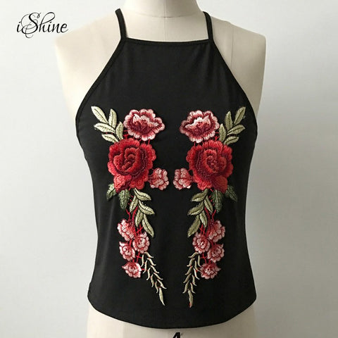 Women Sexy Halter Strap Vest Short Tanks Floral Embroidery Rose Camisole 2022 Fem Strappy Camis Tanks Black Crop Tops Beach