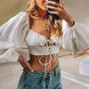 Women Sexy Long Sleeve Cut-Out Shirts Solid Bandage Bodycon Crop Top Sexy Women's V-neck Puff Sleeve Clubwear Streetwear Blouses