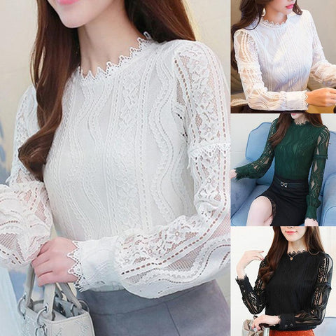 Women Sexy O Neck Long Sleeve Hollow out See-through Lace Slim Pullover Blouse Casual Shirt Beaded womens top and blouses