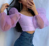 Women Sexy Off Shoulder Ruffles Organza Blouses Long Puff Sleeve Mesh Sheer Crop Top Shirt Off Shoulder Party Sweet Short Blouse