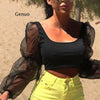 Women Sexy Off Shoulder Ruffles Organza Blouses Long Puff Sleeve Mesh Sheer Crop Top Shirt Off Shoulder Party Sweet Short Blouse