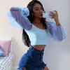 Women Sexy Off Shoulder Ruffles Organza Blouses Long Puff Sleeve Mesh Sheer Crop Top Shirt Off Shoulder Party Sweet Short Blouse