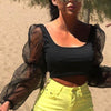 Women Sexy Off Shoulder Ruffles Organza Blouses Long Puff Sleeve Mesh Sheer Crop Top Shirt Off Shoulder Party Sweet Short Blouse