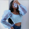 Women Sexy Off Shoulder Ruffles Organza Blouses Long Puff Sleeve Mesh Sheer Crop Top Shirt Off Shoulder Party Sweet Short Blouse