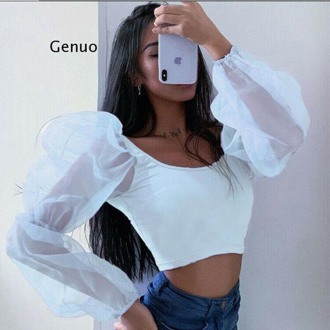 Women Sexy Off Shoulder Ruffles Organza Blouses Long Puff Sleeve Mesh Sheer Crop Top Shirt Off Shoulder Party Sweet Short Blouse