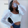 Women Sexy Off Shoulder Ruffles Organza Blouses Long Puff Sleeve Mesh Sheer Crop Top Shirt Off Shoulder Party Sweet Short Blouse