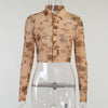 Women Sexy Sheer Mesh Short Shirt Spring Autumn Ladies Long Sleeve Turn-Down Collar Floral Print Single-Breasted Tops Brown