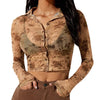 Women Sexy Sheer Mesh Short Shirt Spring Autumn Ladies Long Sleeve Turn-Down Collar Floral Print Single-Breasted Tops Brown
