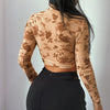 Women Sexy Sheer Mesh Short Shirt Spring Autumn Ladies Long Sleeve Turn-Down Collar Floral Print Single-Breasted Tops Brown