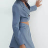 Women Sexy Short Blazer A Line Skirt Sungtin Two Piece Set Blue Cropped Blazer Coat Mini Skirt Office Lady Folds 2 Piece Suits