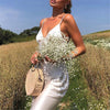 Women Sexy Sleeveless Sling Dress Summer Holiday Casual Tight Solid Dresses White Elegant V-neck High Waist Split Long Dresses