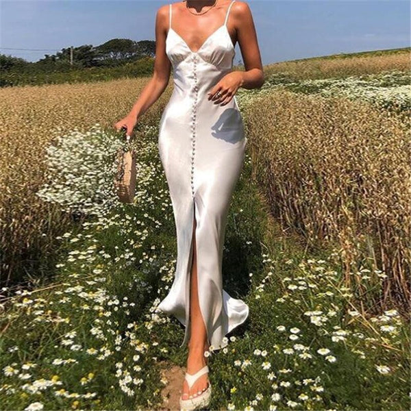 Women Sexy Sleeveless Sling Dress Summer Holiday Casual Tight Solid Dresses White Elegant V-neck High Waist Split Long Dresses