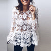 Women Sexy Solid Hollow Out Ruffles Party Club Top Tees 2022 Summer Fashion Casual O Neck Long Sleeve Lace Crochet Blouse Shirt