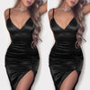 Women Sexy Spaghetti Satin Dress Braces Deep V Midi Evening Party Dress Irregular Summer Bodycon Dress Clubwear Red Black