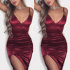 Women Sexy Spaghetti Satin Dress Braces Deep V Midi Evening Party Dress Irregular Summer Bodycon Dress Clubwear Red Black