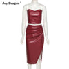 Women Sexy Suit Autumn Winter Pu Leather Sleeveless T Shirt Slim Split Midi Skirt Two Piece Set Party Female Clothing