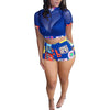 Women Sexy Two-piece Clothes Set Short Sleeve Turtleneck See-through Tops and Shorts Blue Black Green