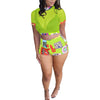 Women Sexy Two-piece Clothes Set Short Sleeve Turtleneck See-through Tops and Shorts Blue Black Green