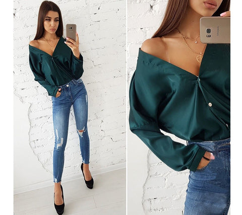 Women Sexy V Neck Shirt Blouse Casual Long Sleeve Button Solid Shirts Blouses 2022 New Arrival Summer Women White Red Tops