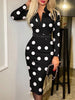 Women Sexy V-neck High Waist Bodycon Party Dress Vintage Dots Print Long Sleeve Midi Dress Ladies Elegant Belted Dresses