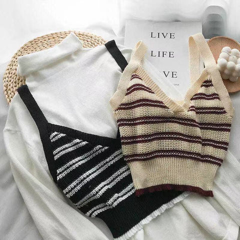 Women Sexy V-neck Striped Corset Tops Spaghetti Straps Short Outer Wear Knitted Vest for Women Tank Camis Crop Top for Women