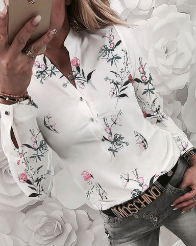 Women Shirt Floral  Long Sleeve V-neck Printed Shirt Spring Autumn Women Casual Blouse Tops