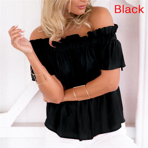 Women Shirt Puff Sleeve Slash Neck Soild Shirt Strapless Off Shoulder Ruffles Feminine Blouses Ladies Tops